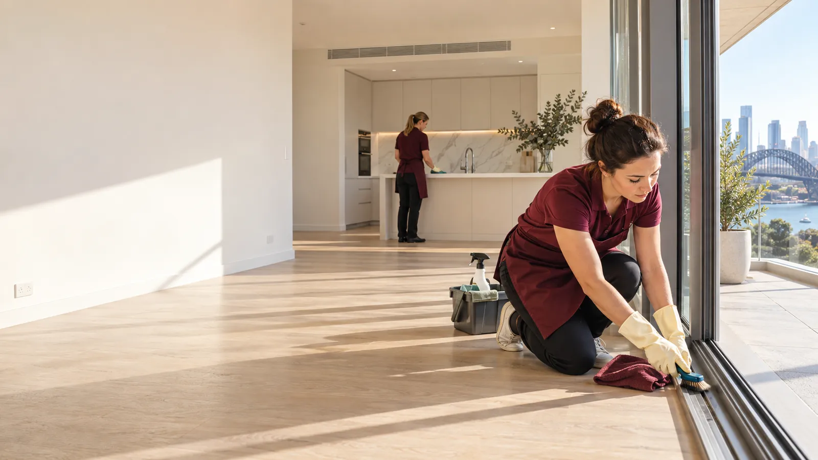 Professional cleaners detailing an empty Sydney apartment for handover